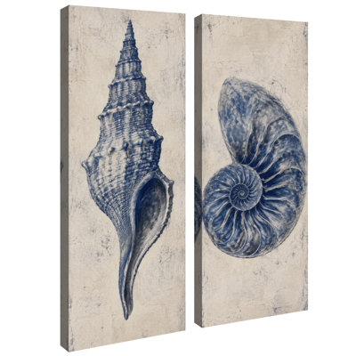 Décoration murale nautique vintage, coquillages bleus et marins, style botanique côtier – Ensemble de 2 impressions sur toile encadrées 81 x 30 x 5 cm