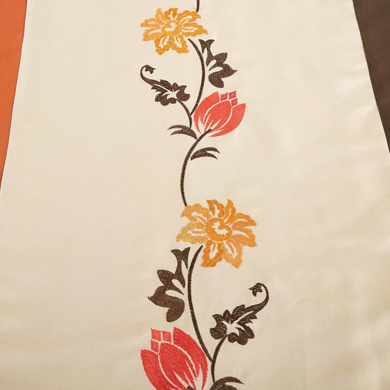 Autumn Floral Embroidery Taupe and Orange Polyester Window Curtain Set