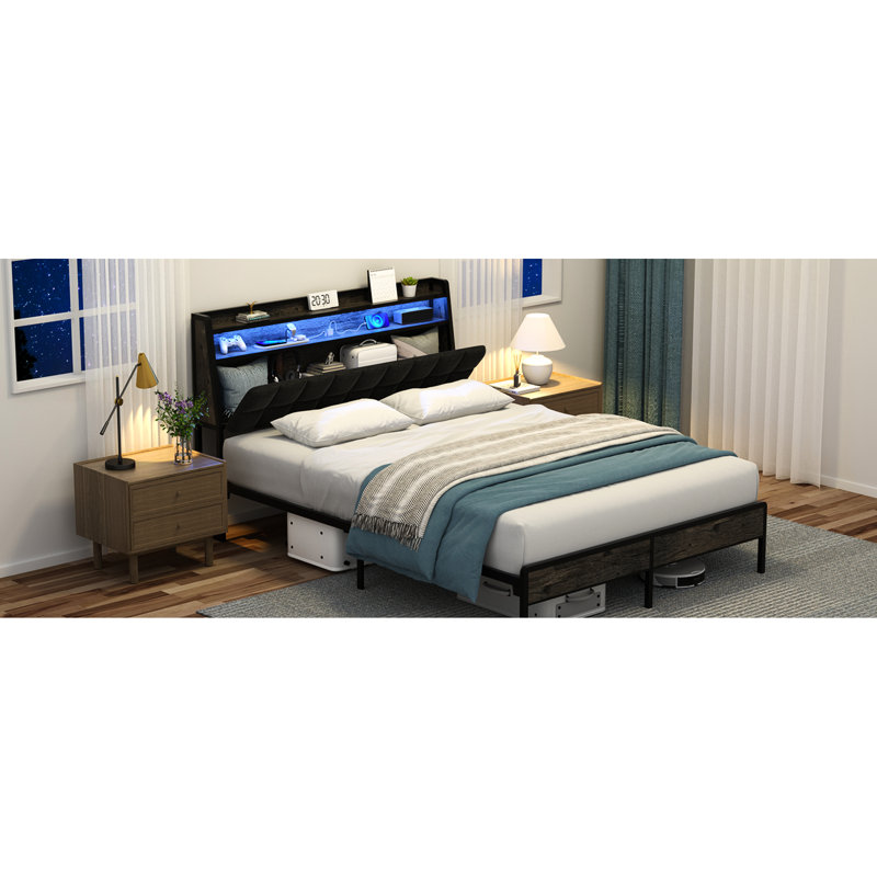 Cadre de lit double avec tête de lit ergonomique avec rangement à 2 niveaux, lumières à DEL pour une ambiance relaxante, station de recharge et rangement sous le comptoir. Métal noir, bois franc d'ingénierie et bois éclatant