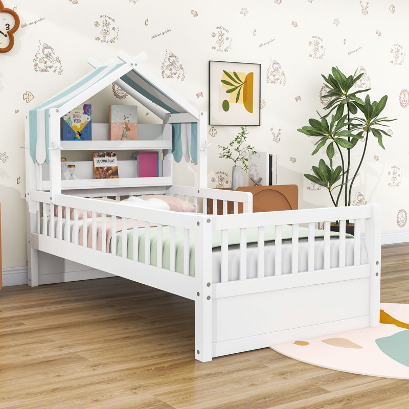 Dreamy House-Shaped Bed with Roof-Style Frame and Storage Shelf, Twin, White
