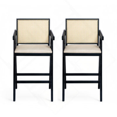 27" Height, Woven Cane Plastic Backrest Bar Stool - Foam-Padded Fabric Seat & Durable Rubberwood Frame