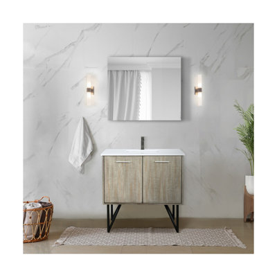 Ensemble de meuble-lavabo rustique en acacia l 24 po x P 20 po, comptoir en quartz blanc, robinet en or rose et miroir de 18 po
