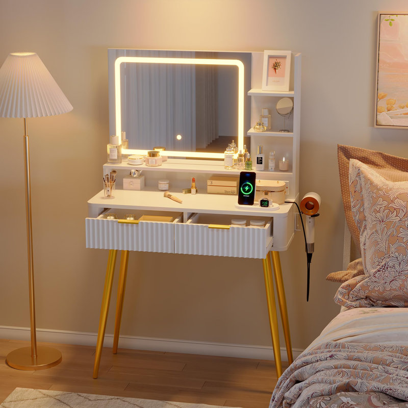 Dressing Table with Mirror, White/Yellow