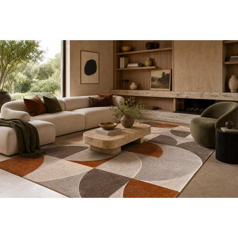 Cayrn Rectangle Geometric Area Rug, Beige/Orange, Rectangle 80 cm x 150 cm