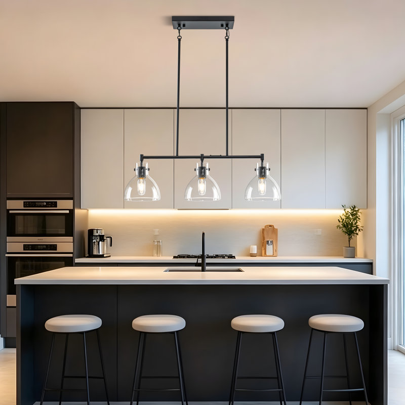 Luminaire suspendu linéaire à 3 lumières pour îlot de cuisine avec abat-jour en verre transparent, Matte Black