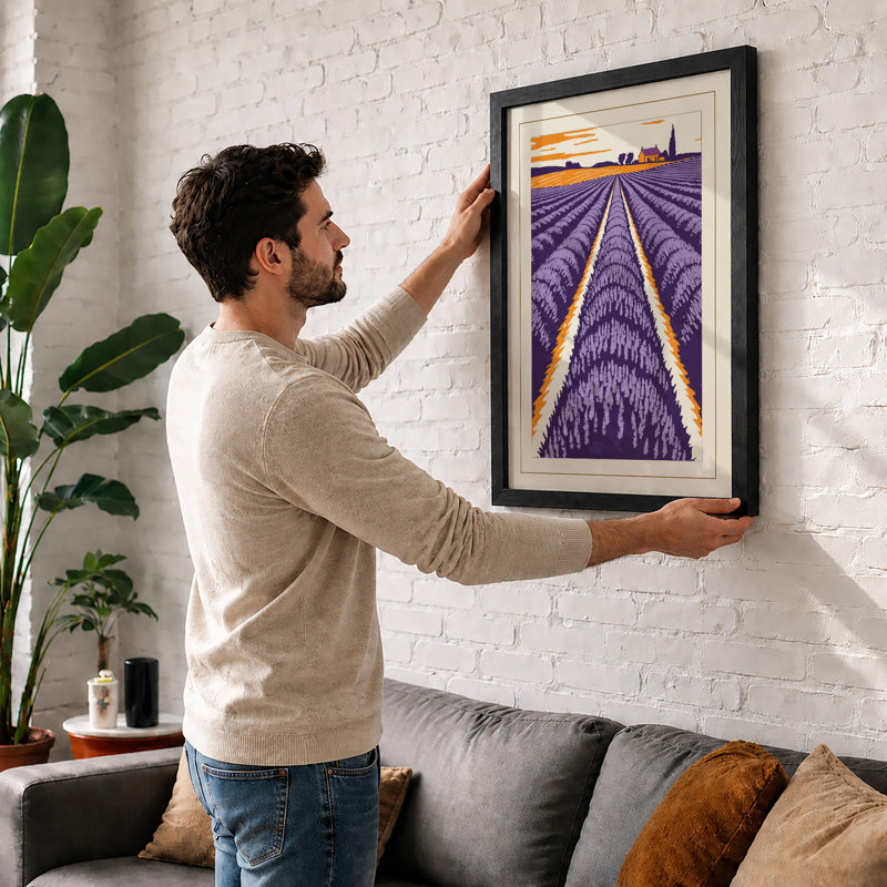 Lavender Fields At Dusk Vintage - Print, Oak, A3 - 42.0 x 29.7 cm