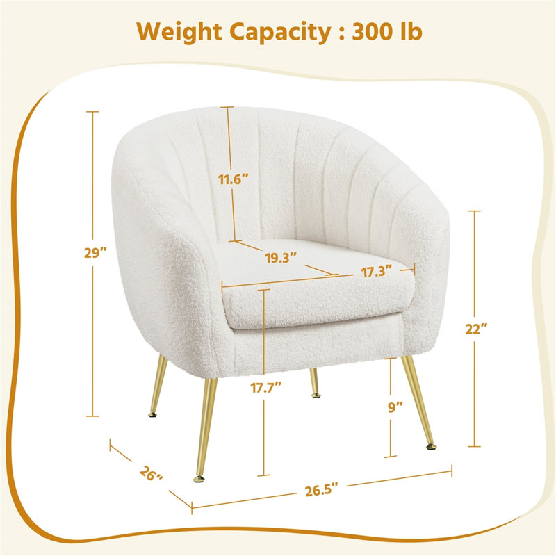 Fauteuil demi-tonneau H 29 po avec pieds en métal, fauteuil moderne, Ivoire