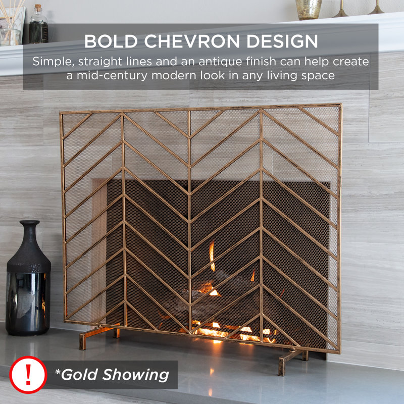 Satin Black Iron Mesh Chevron Fireplace Screen