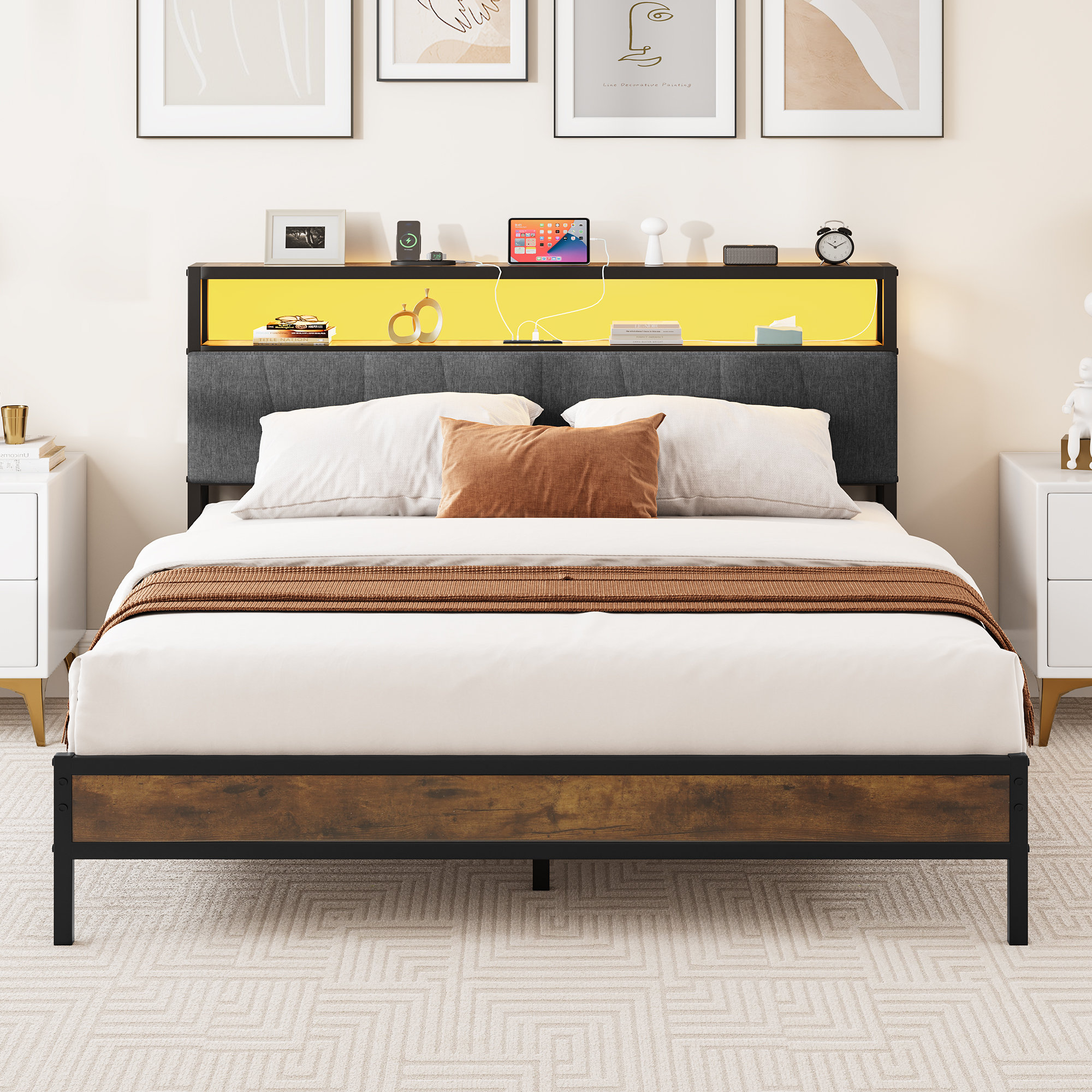 Raul Bed Frame with Drawers, Ergonomic Storage Headboard with Charging Station Trent Austin Design Size: Full