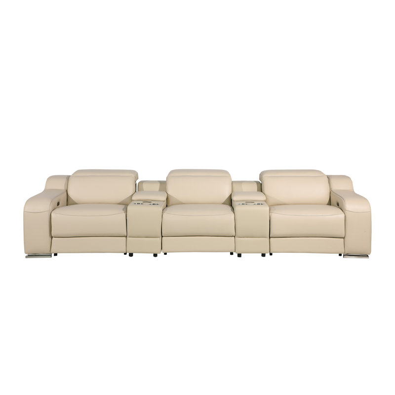 Canapé inclinable 5 pièces en cuir italien avec repose-tête électrique 5 pièces, Cuir véritable beige