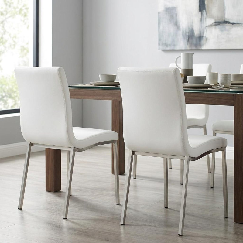 Folkston Upholstered Parsons Chair, White Faux Leather, Silver