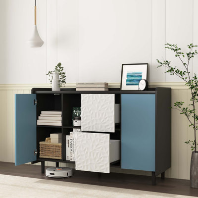 Sideboard Buffet Cabinet,  Storage Cabinet with  Doors , 2 Drawers with unique panel styling and 2 Open Storage Compartment, Modern Coffee Bar Cabinet Accent Cabinet for Kitchen, Dining Room