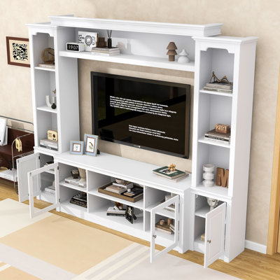 Meuble télé tout-en-un avec bibliothèque, portes d'armoire en verre, tablettes réglables et trous pour câbles
