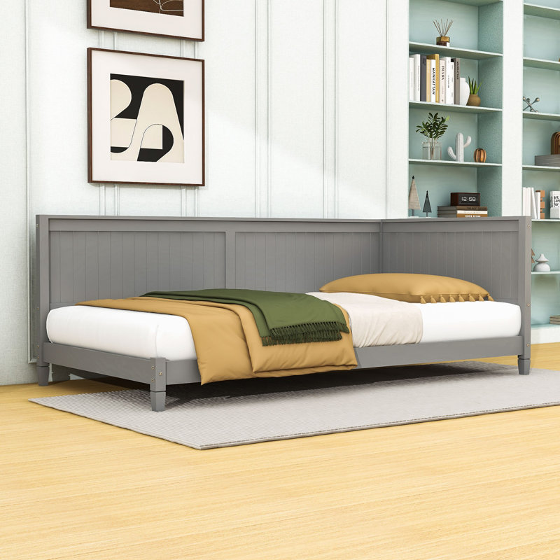 Lit de jour en bois avec lattes robustes et pieds centraux, Lit simple, Gris