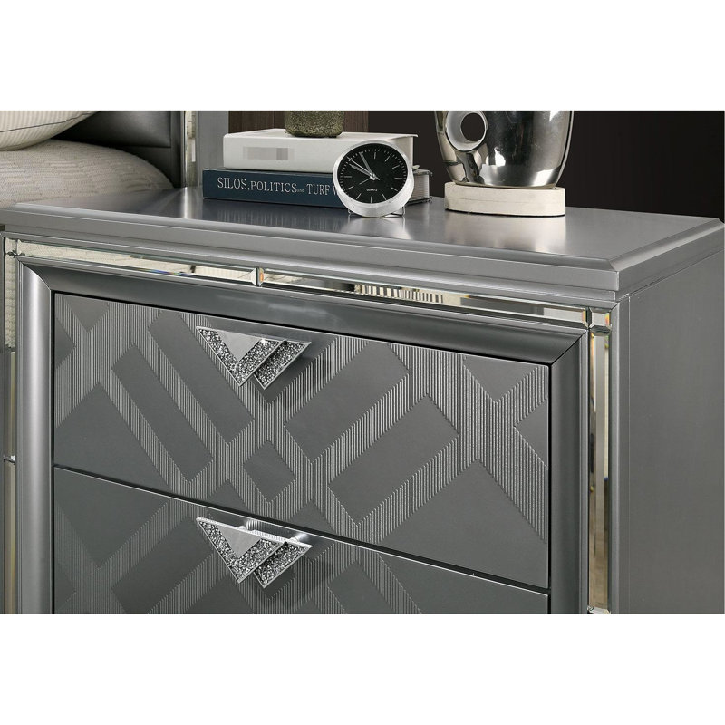 Table de chevet 2 tiroirs avec garniture miroir argentée pour chambre à coucher - Chargeurs, motif artistique, poignées en faux diamant pour la décoration
