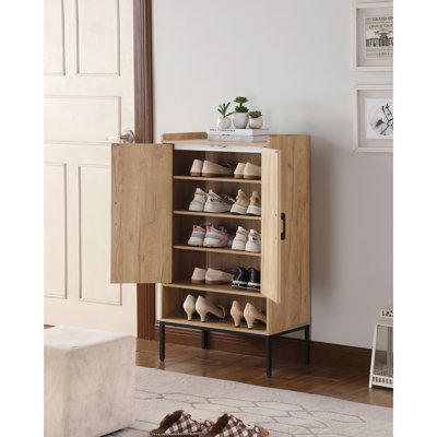 Armoire à chaussures avec portes en rotin, armoire de rangement à chaussures à 5 niveaux avec tablettes ouvertes, range-chaussures en bois, pour vestibule, vestibule, rangement pour chaussures