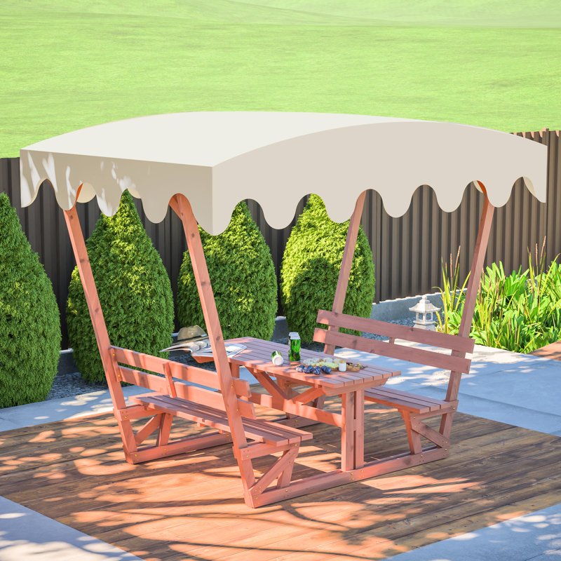 Table de pique-nique imperméable et banc en bois massif avec auvent amovible. Utilisation tout temps dans les cours, les parcs et les terrasses. Plateau de table de 1,06 pouce d'épaisseur, 1,18 bancs. Toile à l'abri du soleil, détachable pour