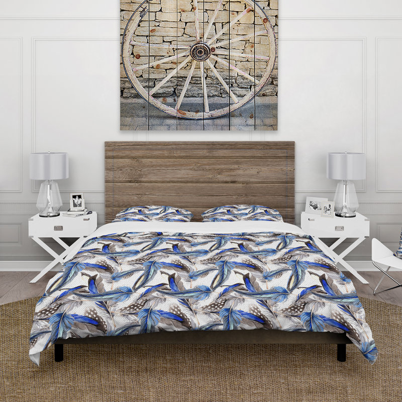 Blue Bohemian Bird Feathers I - Ensemble de housse de couette Bohemian - Polyester en microfibre