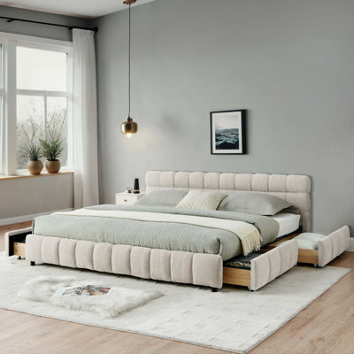 California King Size Upholstered Bed With Storage Drawers