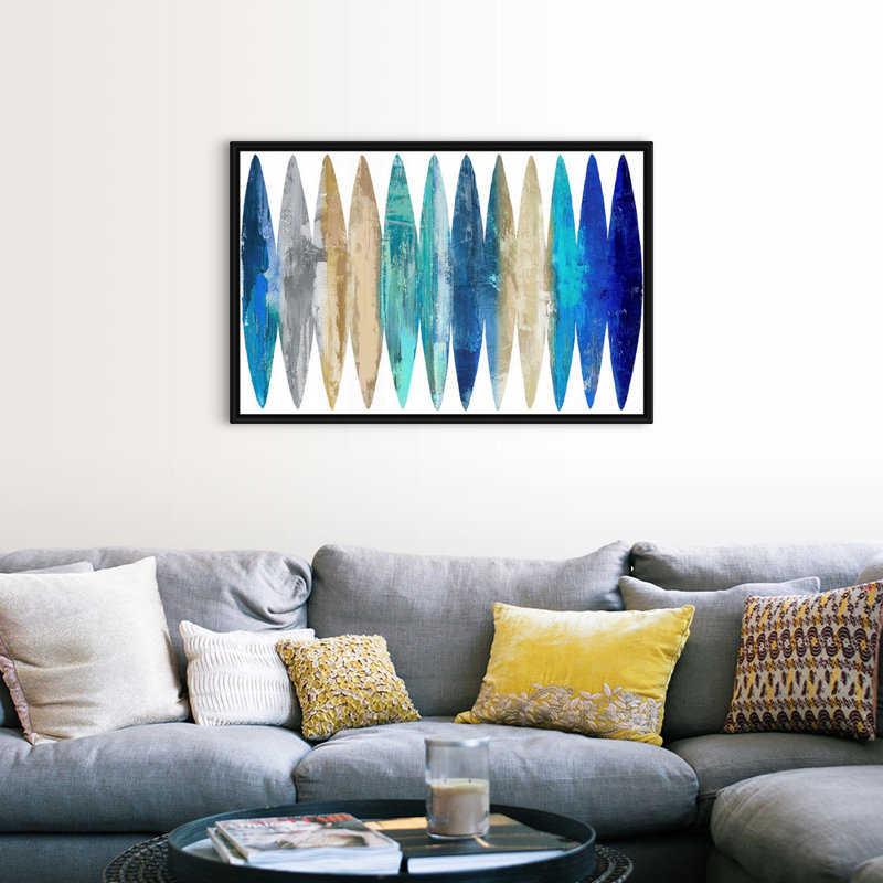 Reproduction d’art sur toile abstraite planches de surf bleu clair par David Moore, Cadre noir, H 34 po x l 50 po x P 1,75 po