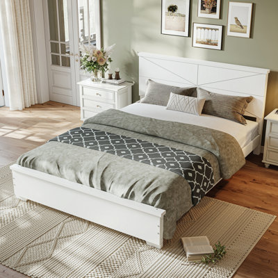 Cadre de lit plateforme Queen Size avec tête de lit design élégante, lit plateforme moderne avec sommier à lattes en bois, aucun sommier requis, montage facile, blanc