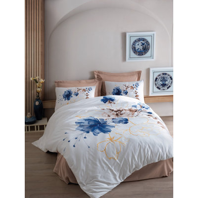 Ensemble de housse de couette 100% coton beige / bleu / blanc Stelo 4 pièces
