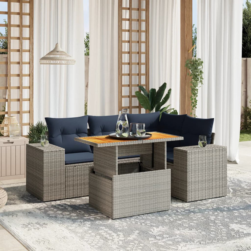  Ensemble de canapé de patio 5 pièces avec coussins en rotin de polyester, Gris, Bleu