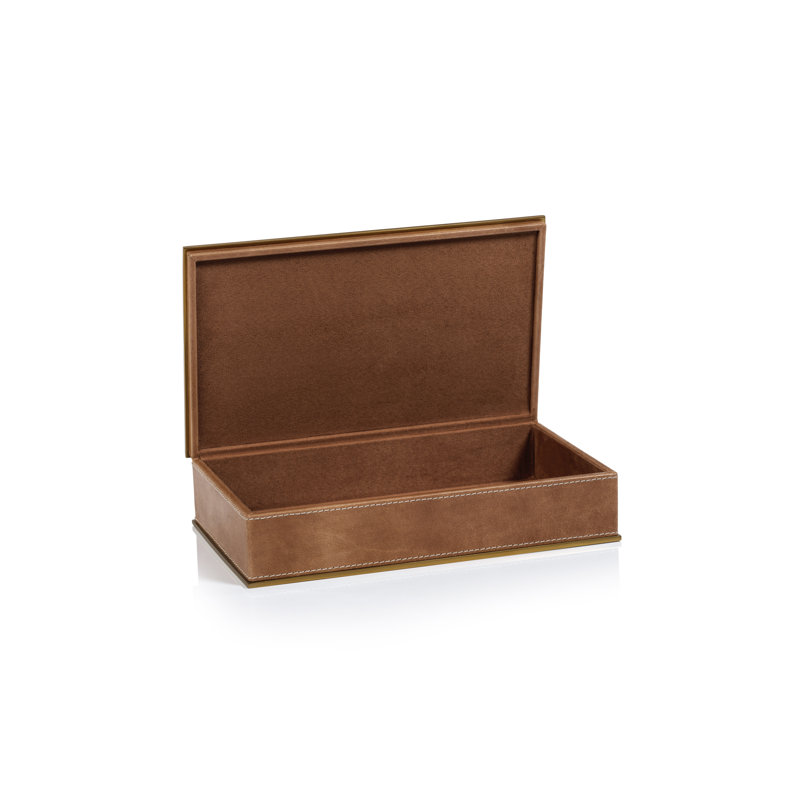 Boîte décorative en cuir avec bordure en laiton, H 2,75 po x l 10,5 po x P 6,5 po