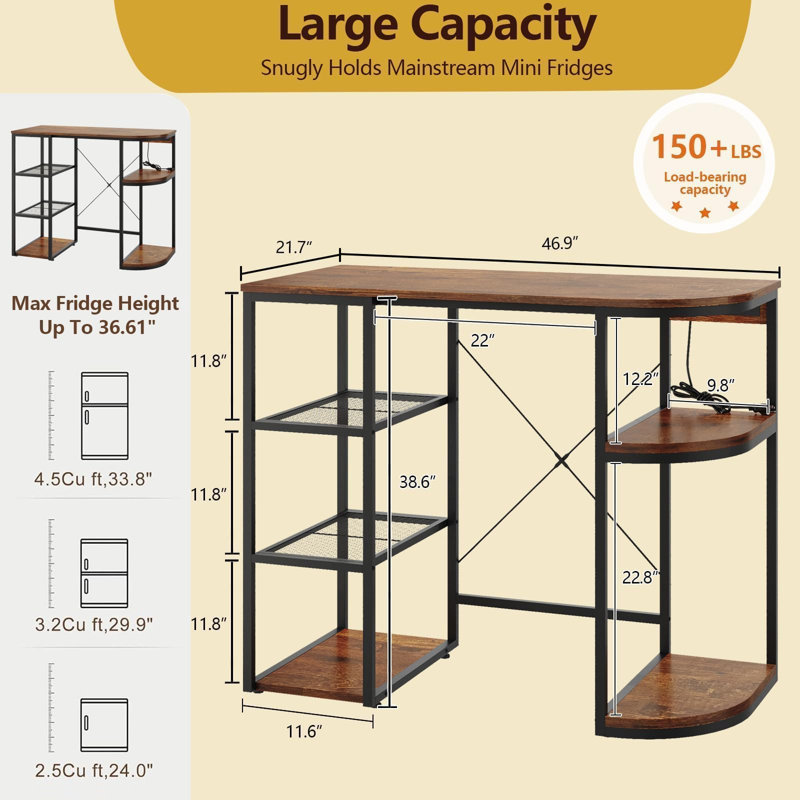 Étagère de rangement à 6 niveaux au-dessus du réfrigérateur - Mini tablette de rangement pour réfrigérateur avec prise de courant et interrupteur d'air, support pour micro-ondes robuste de 46,9 po, bar à café pour dortoir ou appartement, convient au mini réfrigérateur, brun