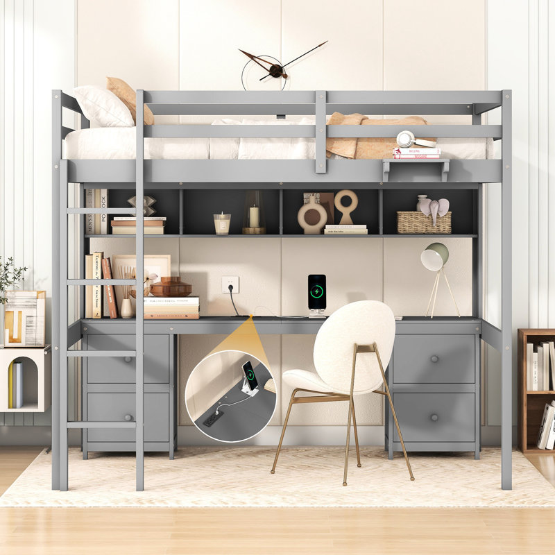 Lit mezzanine gris avec bureau, grande capacité de rangement et de chargement, armoires pleine grandeur, couleur de charge
