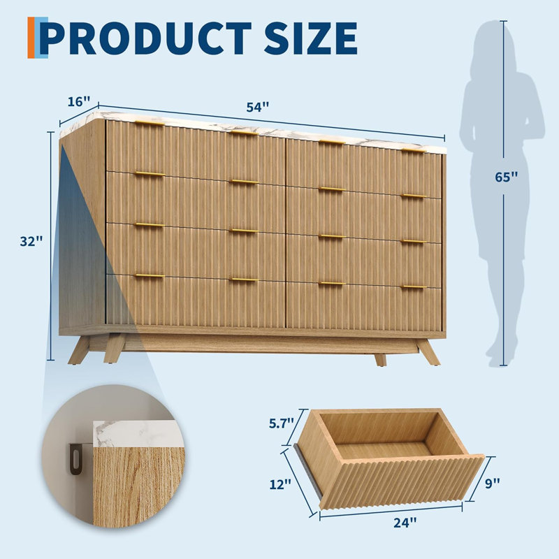 137.2 cm W Chest of 8 Drawers, Tan