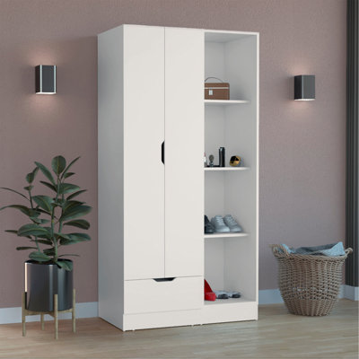Armoire H 71 po avec 1 tiroir et 4 tablettes ouvertes à 2 niveaux, 2 portes, blanc