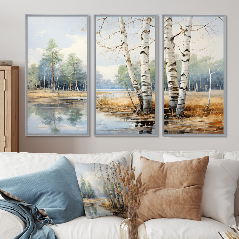 Ensemble de salon en bois de bouleau beige et gris, H 28 po x l 36 po, Encadrement argenté