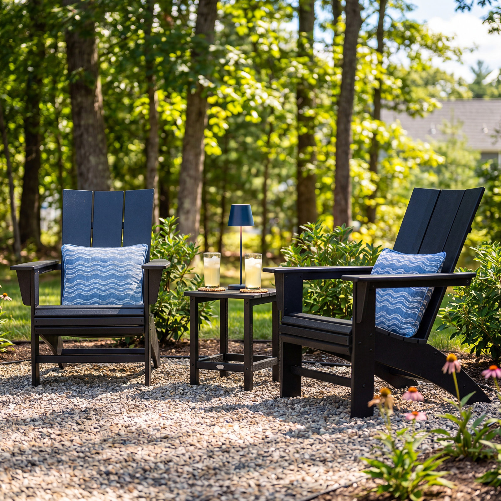 POLYWOOD® Modern 3-Piece Curveback Adirondack Set with Side Table, Teak