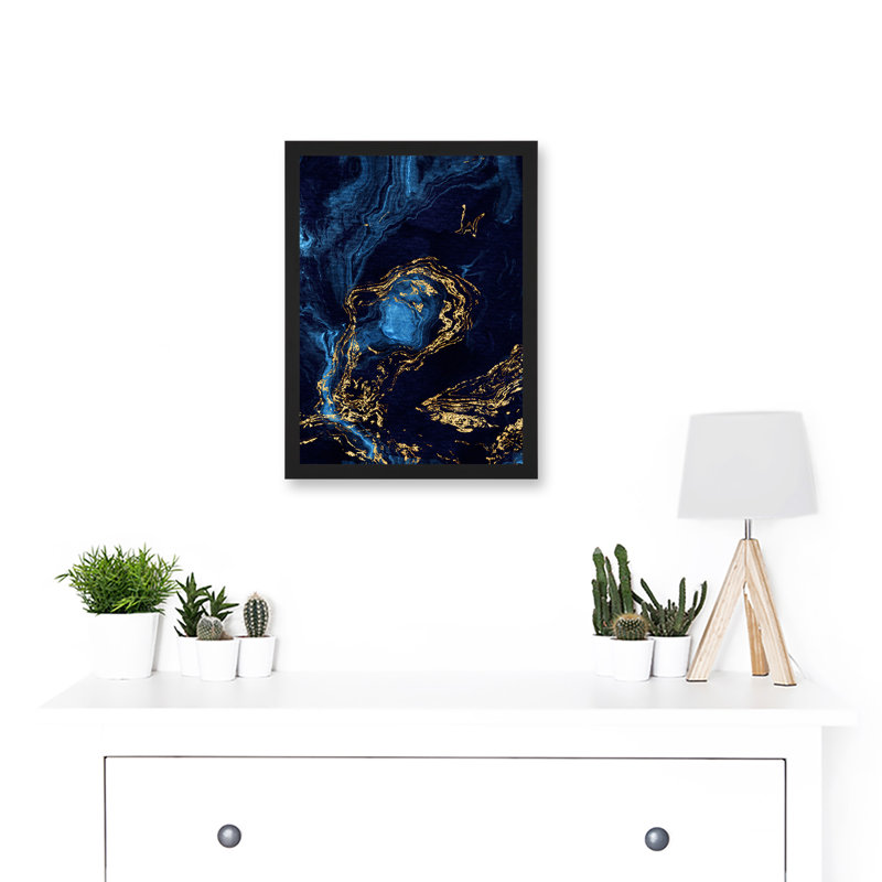 Abstract Dark Blue Gold Waves Modern - Single Picture Frame Print