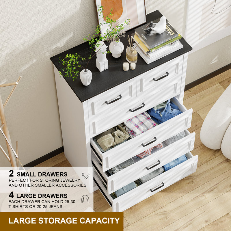 40" 6 Drawer Dresser For Bedroom Black And White, Black/White
