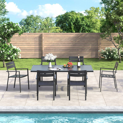 6-Person Patio Dining set with 63" Rectangular Dining Table and 6 Metal Armrest Chairs