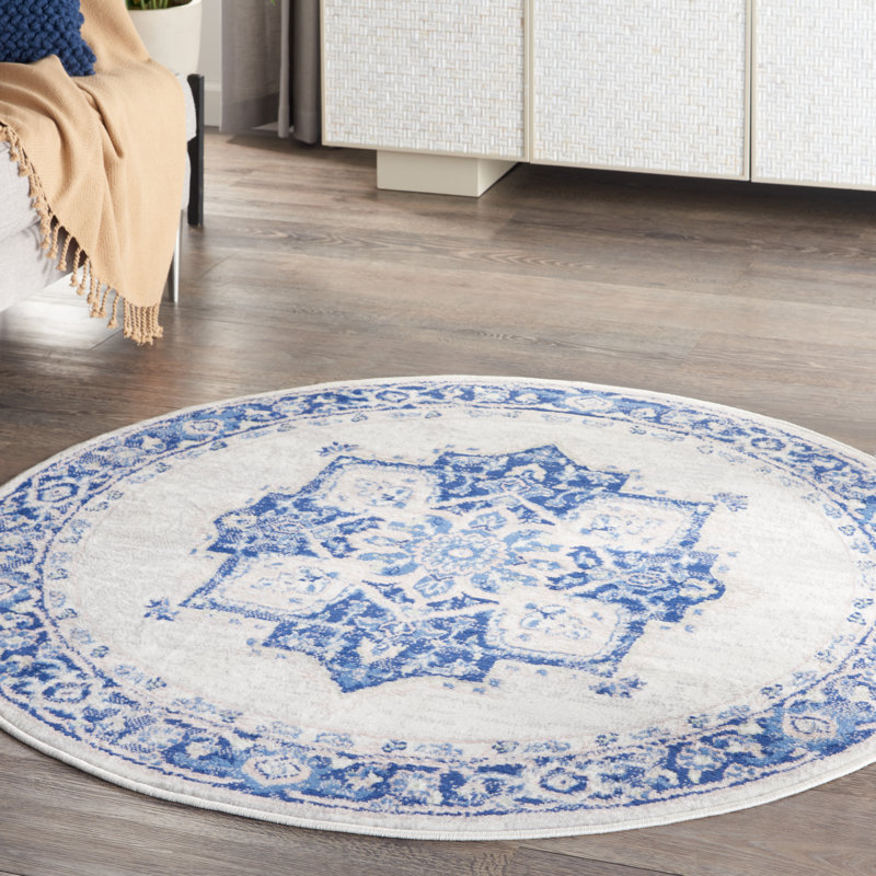Tapis oriental ivoire / bleu Melyna, Rond 8 pi