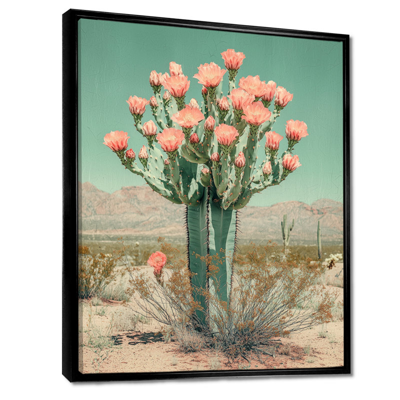 Margarit, cactus pastel en fleurs dans le désert I - Cactus, impressions encadrées, Noir, Reproduction avec cadre flottant
