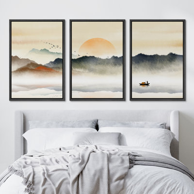 «Abstract Landscape Rising Sun Misty Ocean Mountain», peinture sur toile 3 pièces