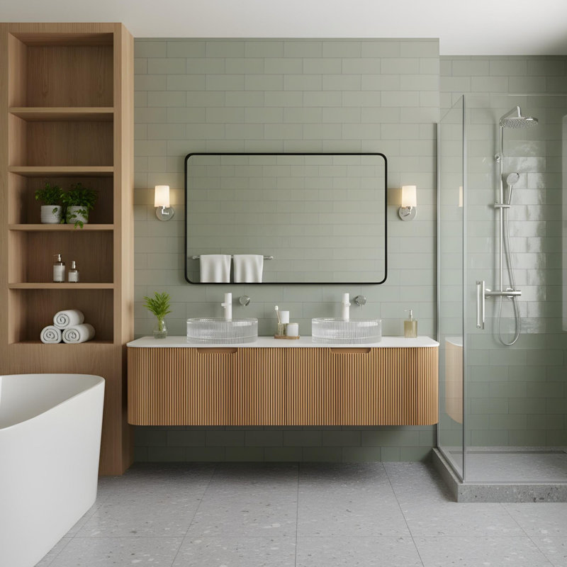 Salle de bain murale 60 "avec 2 lavabos ronds en verre et 2 tiroirs