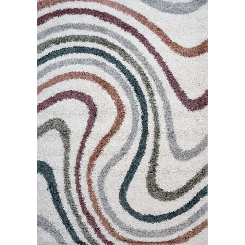Moodi Modern Shaggy Area Rug Abstract Wavy Line Design, Rectangle 120 x 170 cm, Off-White/Multicolour