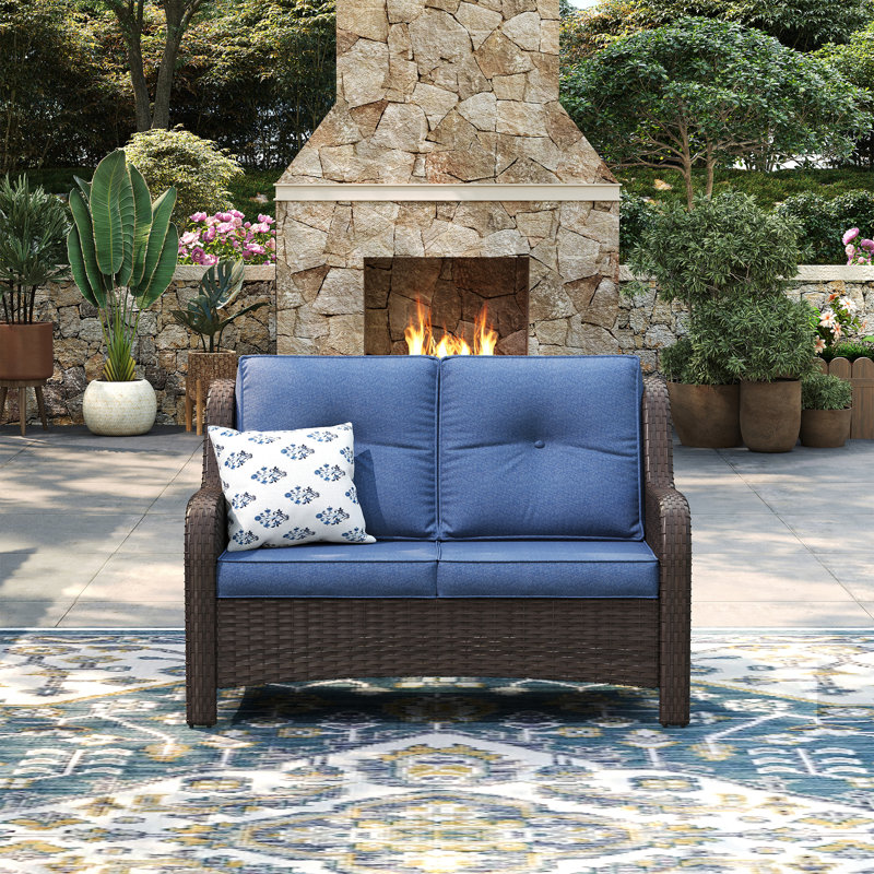 Causeuse de patio en osier avec coussins, Coussin bleu ardoise / cadre brun