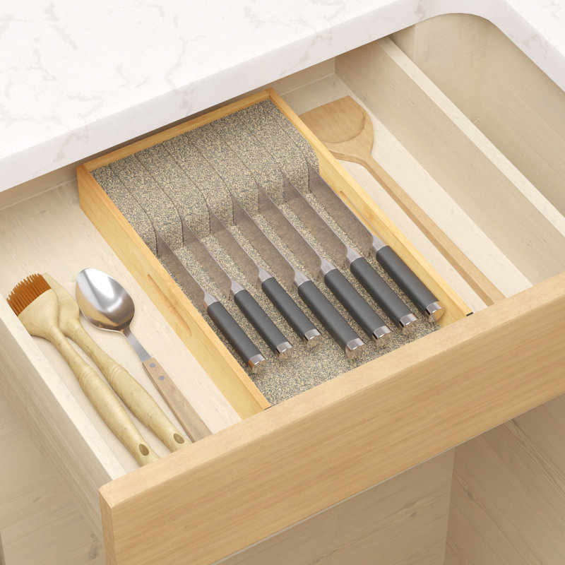 Bamboo Knife Drawer Organizer Insert, Medium Kitchen Steak Knives Storage Holder Tray for Drawer Organization, Yellow