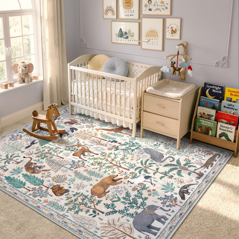 Goldene Whimsical Jungle Animal Washable Area Rug for Kids Room & Nursery, Soft Non-Slip Botanical Playroom Carpet