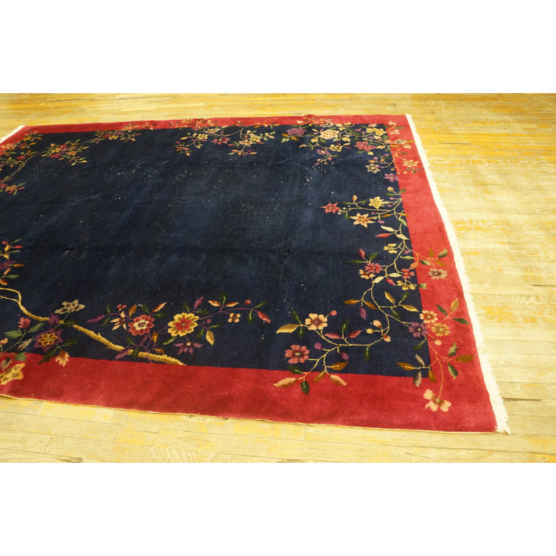 Floral Wool Rectangle Hand Knotted Pile Blue 1920s Antique Rug