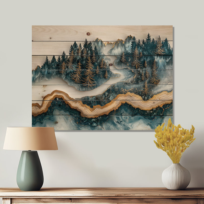 Paysage de forêt hivernale avec rivière Crystal III - impression sur bois de forêt - sur bois de pin naturel