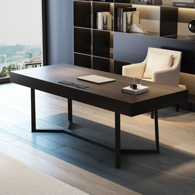 Modern Minimalist Office Desk 55 in Wide with File Drawers, Steel Frame & Solid Wood