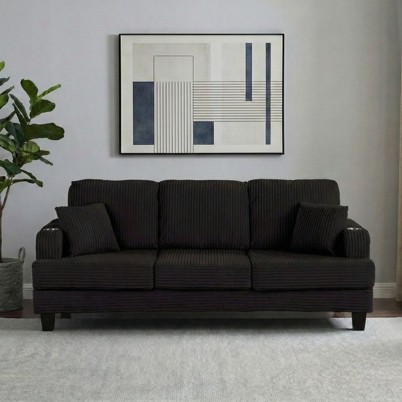 84" Corduroy Sofa with USB Charging Ports, Built-In Cup Holders & Side Pockets – Upholstered Living Room Couch, Black