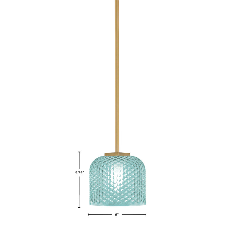 Mini-luminaire suspendu Mariko avec verre texturé fumé de 6 po, Bleu sarcelle, Laiton